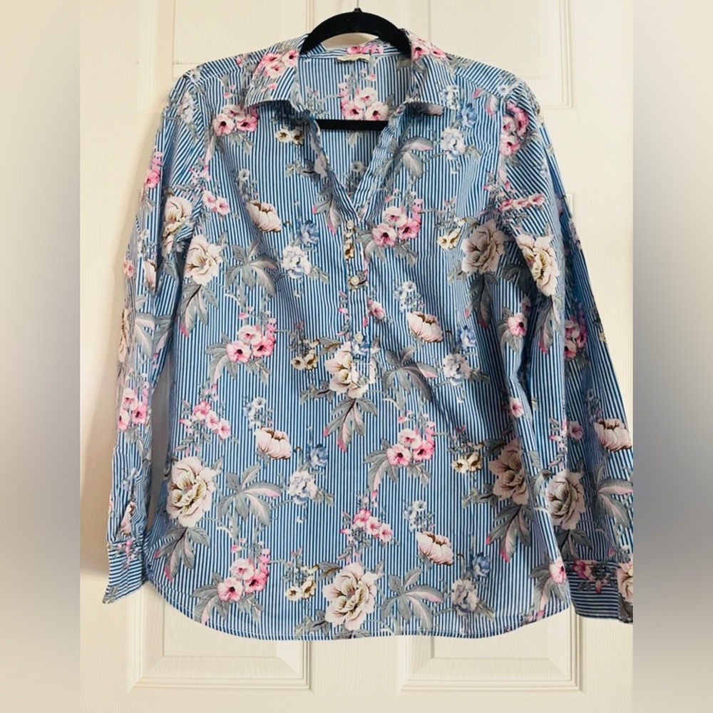 Talbots Cotton Striped Blue Floral Button-Down Shirt for Women
